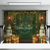 Aperturee - Aperturee Christmas Green Door Photography Backdrop Snowmen with Garland and Lanterns Holiday Mini Session Background